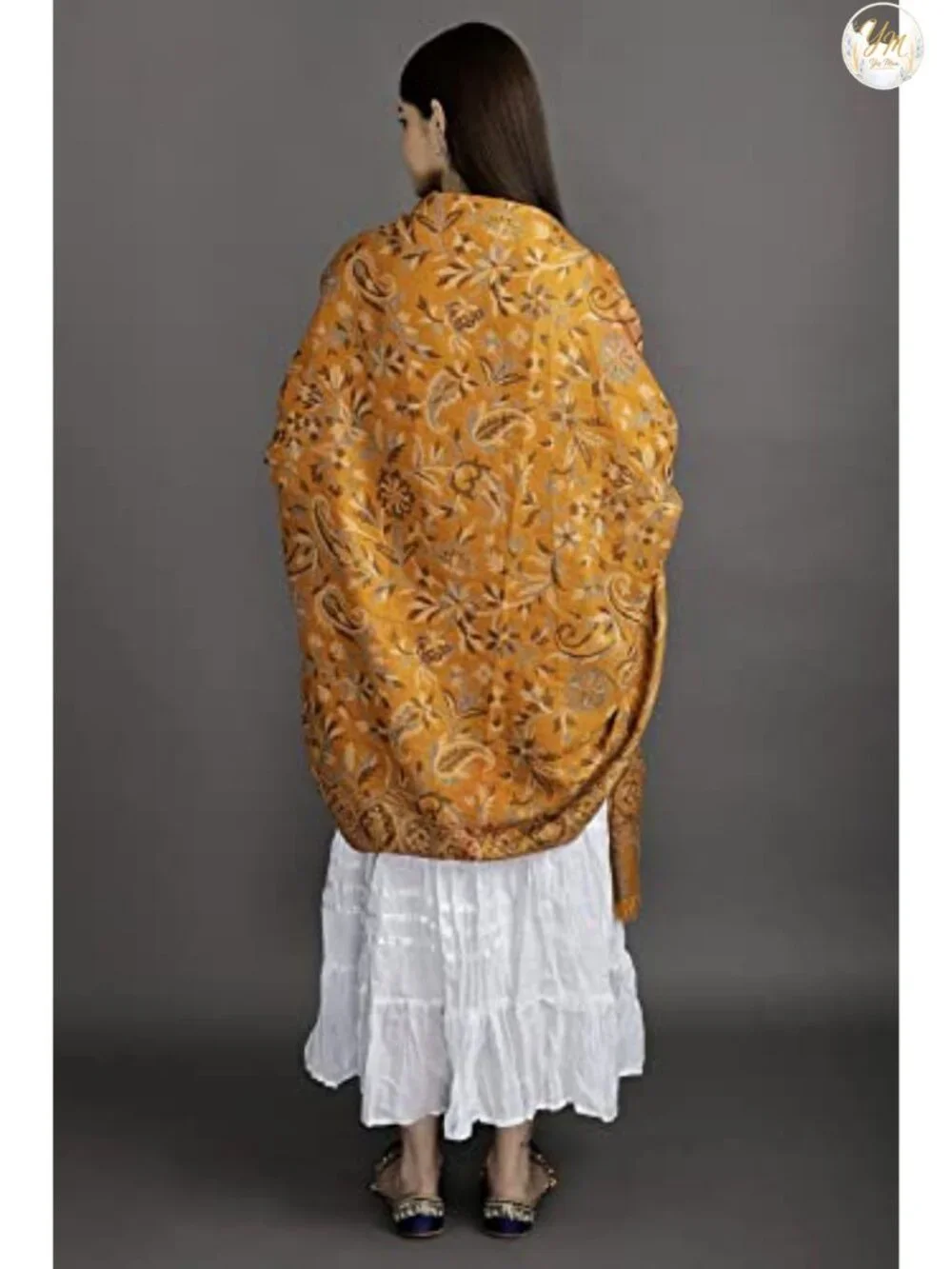 Reversible Jamawar Wool Shawl with Woven Flowers Ethnic Floral Wrap